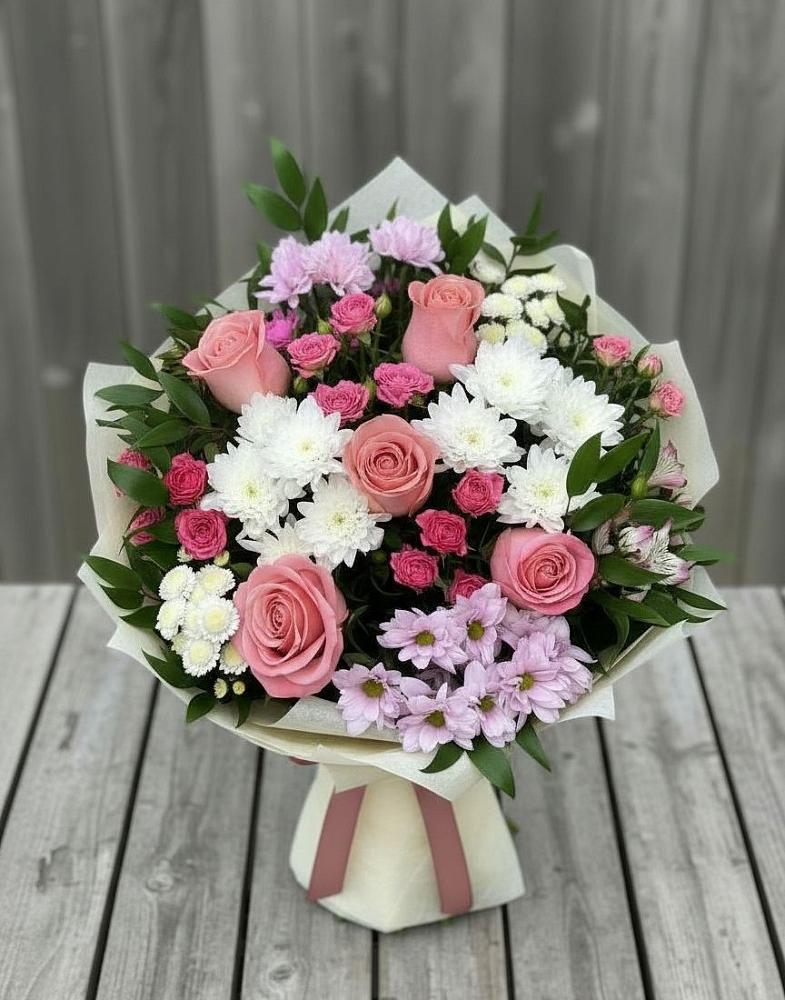 Букет цветов из: Альстромерии, Гвоздики, Розы и Хризантемы в Мошково