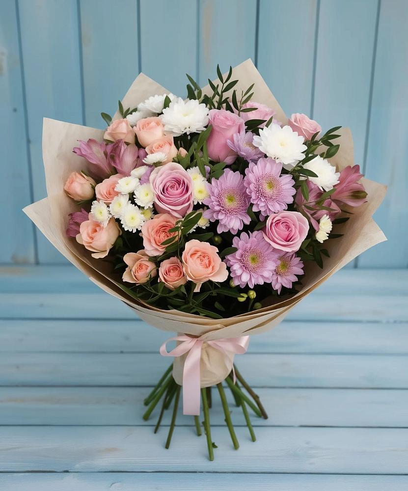 Букет цветов из: Хризантемы, Розы и Альстромерии в Мошково