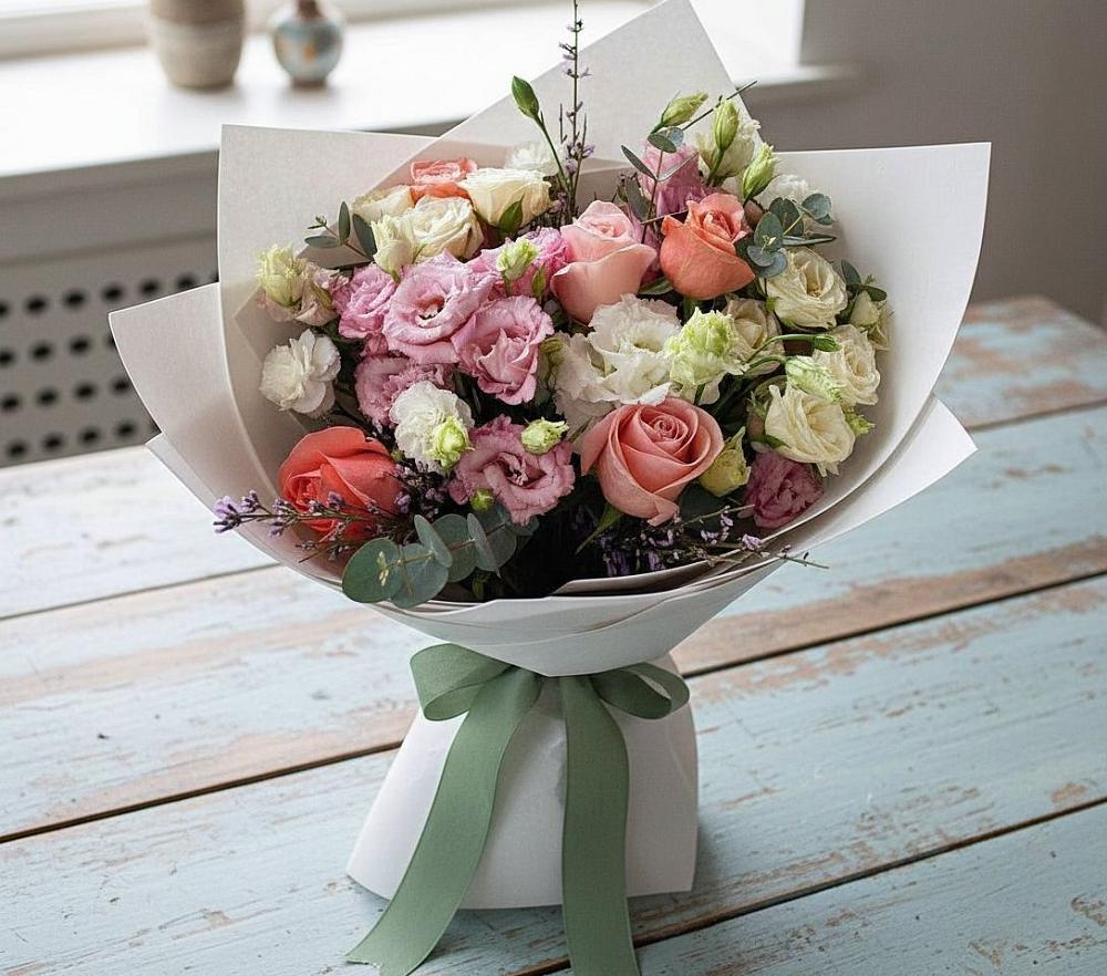 Букет цветов из: Розы, Лизиантусы и Гвоздики в Мошково