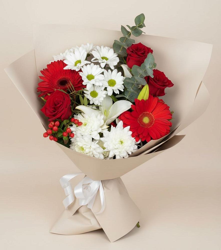 Букет цветов из: Розы, Хризантемы, Герберы и Лилии в Мошково