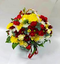 Цветочная композиция из Хризантемы и Розы в корзине в Мошково