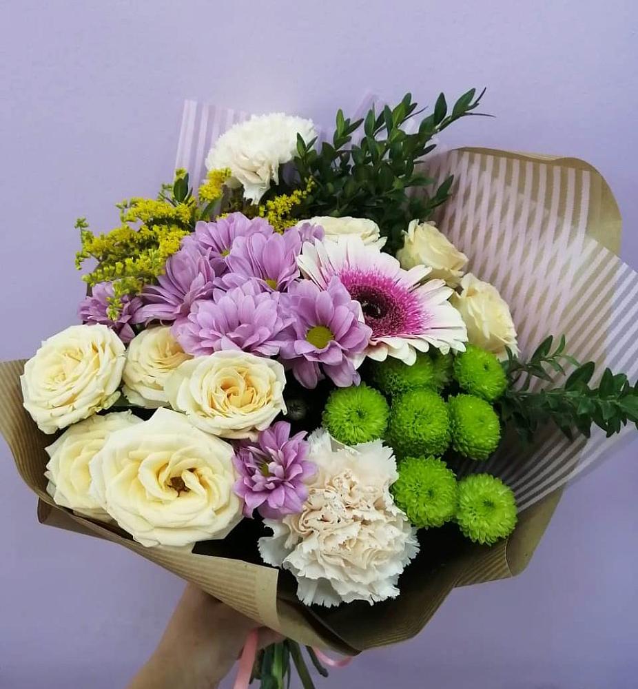 Букет цветов из: Хризантемы, Розы, Гвоздики и Герберы в Мошково