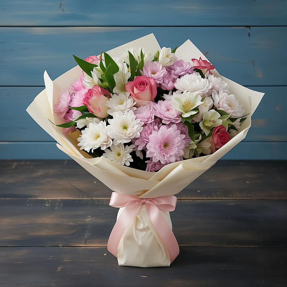 Букет цветов из: Хризантемы, Альстромерии и Розы в Мошково